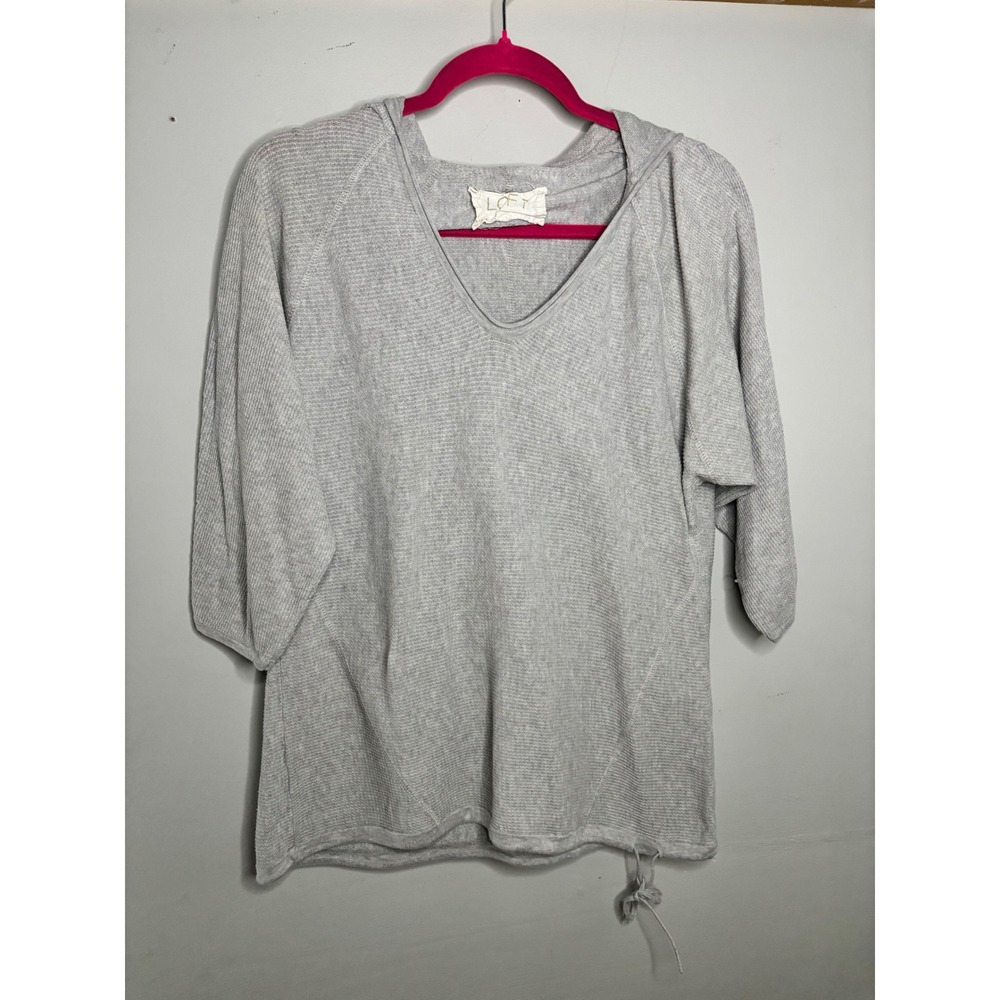LOFT Lounge Waffle Knit Hoodie Gray V-Neck Pullover Top Womens M